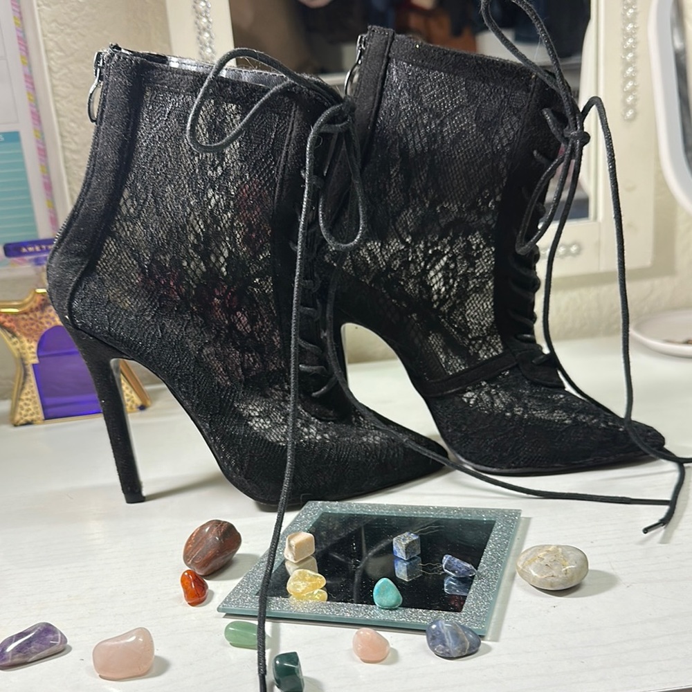 Black Stiletto Heels with Lace-Up Design